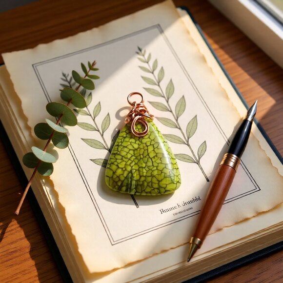 Handmade Copper Wrapped Green Agate Pendant • Vegan Suede • Boho Necklace - Picture 5 of 16